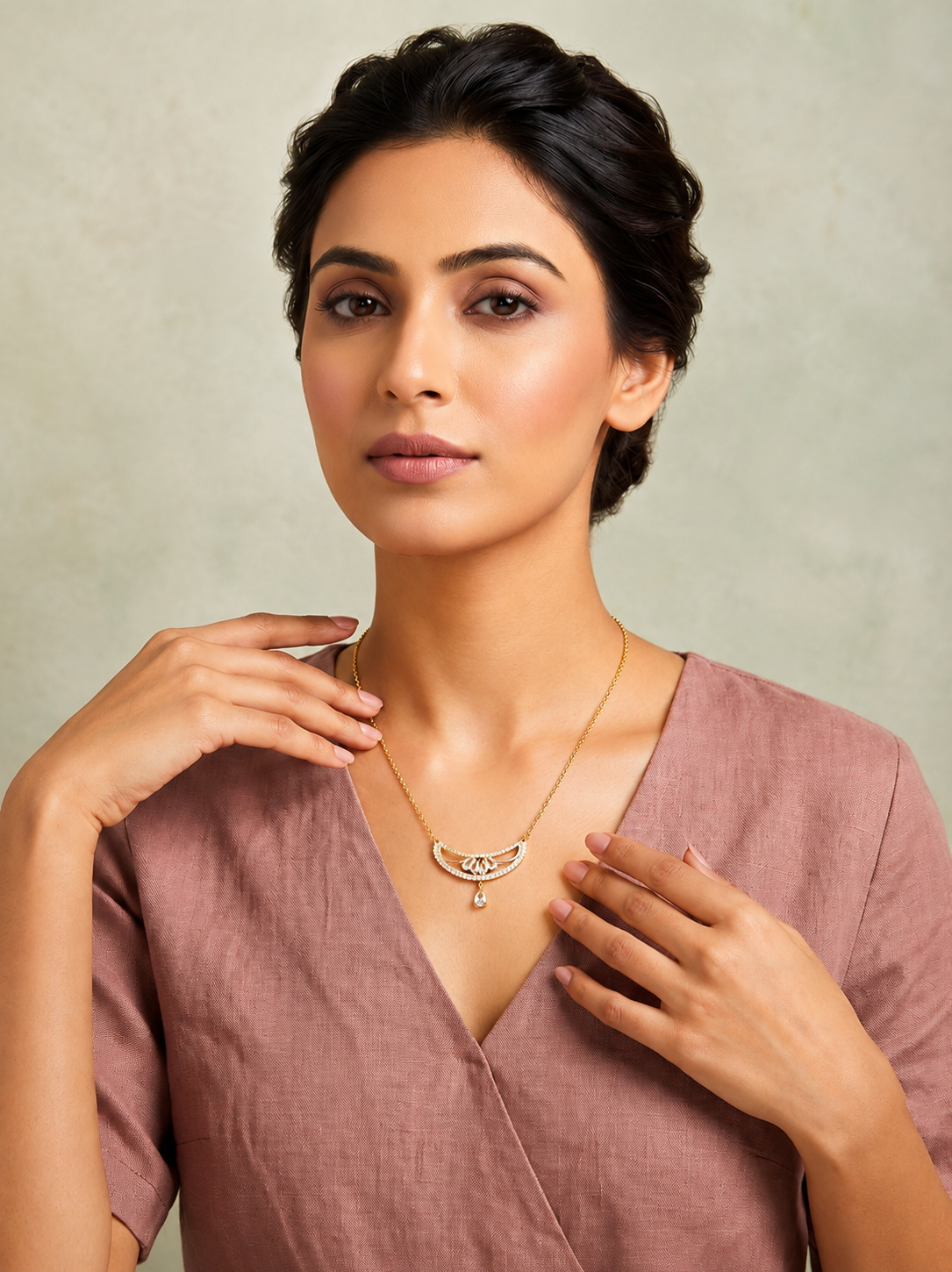 Luxury Gold Tone CZ Crescent Pendant Necklace for Women & Girls