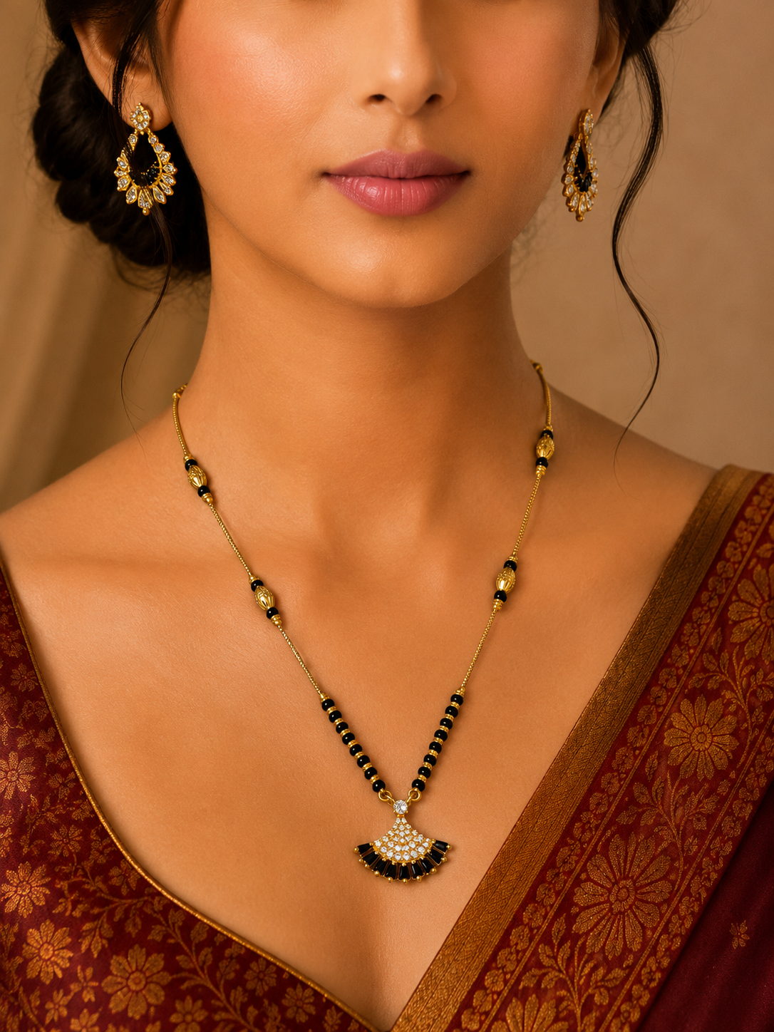 Damnstyle Gold Plated Black Bead CZ Fan Mangalsutra for Women