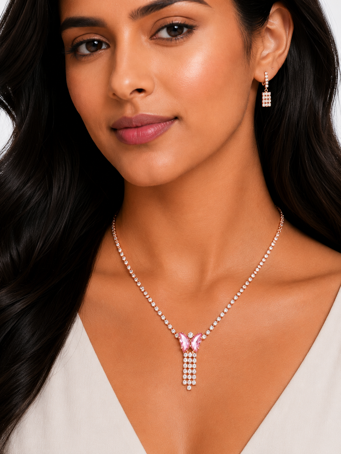Damnstyle Necklace Anti-Tarnish Pink Butterfly Rhinestone Set With Earrings