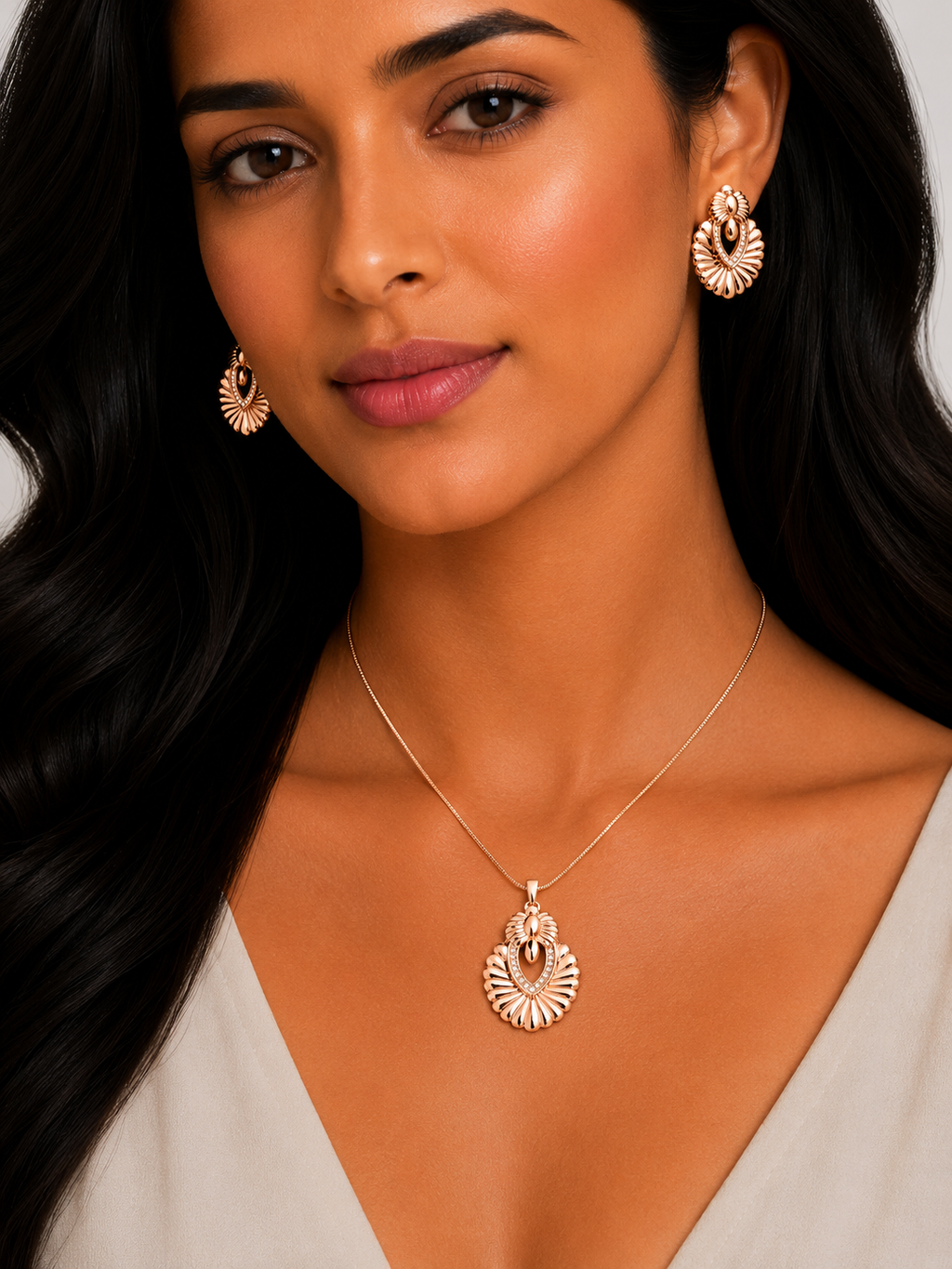 Damnstyle Necklace Anti-Tarnish Ethnic Embossed Shell Crystal Studded Set With Earrings