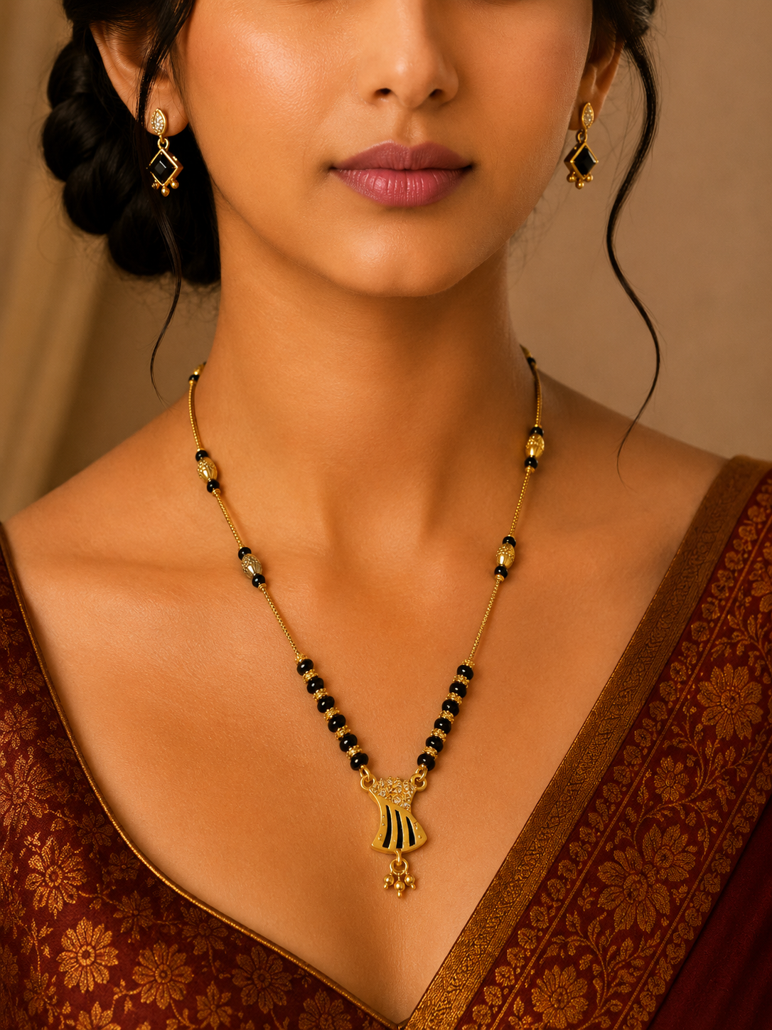 Damnstyle Women's Gold Plated Black Bead Mangalsutra with Pendant