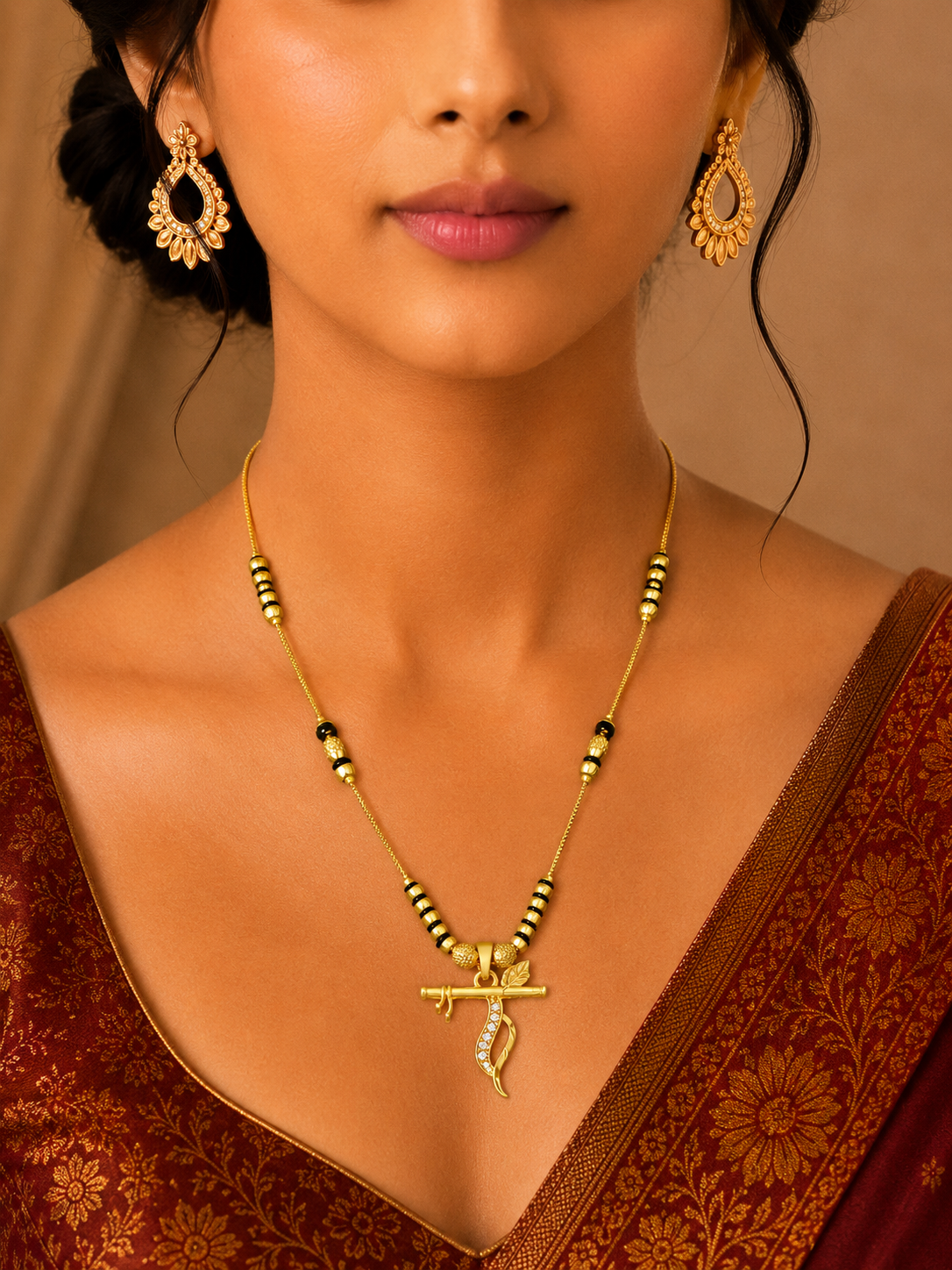 Damnstyle Women's Gold Plated Black Bead Mangalsutra with Flute