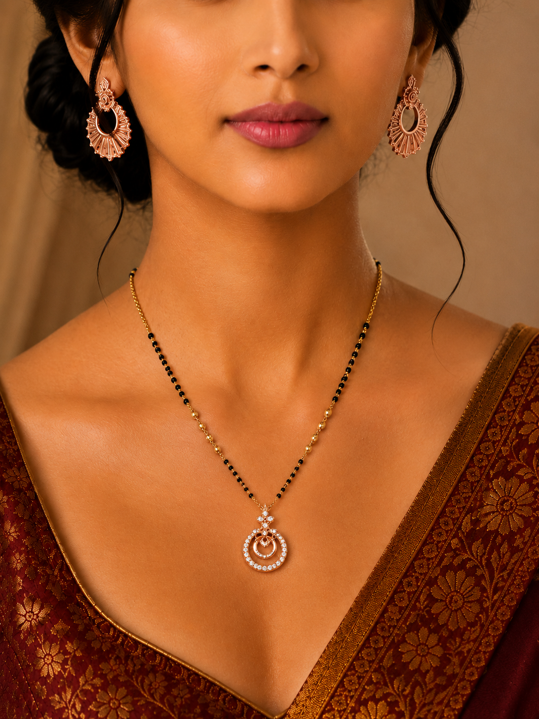 Damnstyle Gold Plated Black Bead AD Mangalsutra for Women