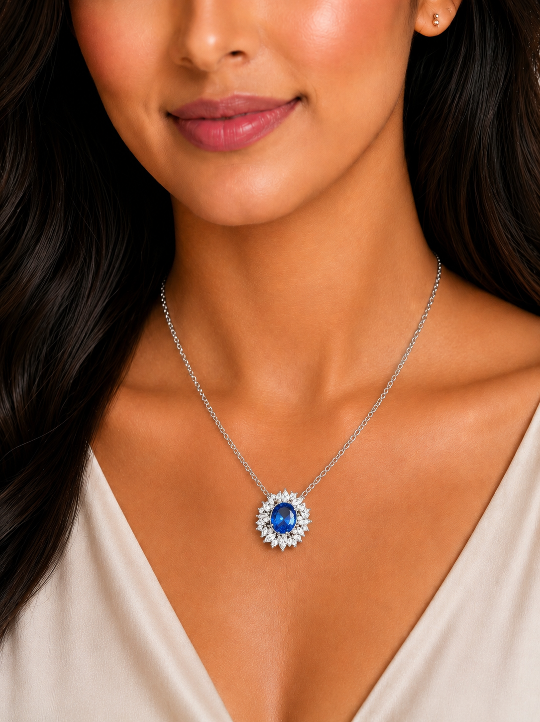 Damnstyle Silver-Plated Anti-Tarnish American Diamond Blue Oval Pendant