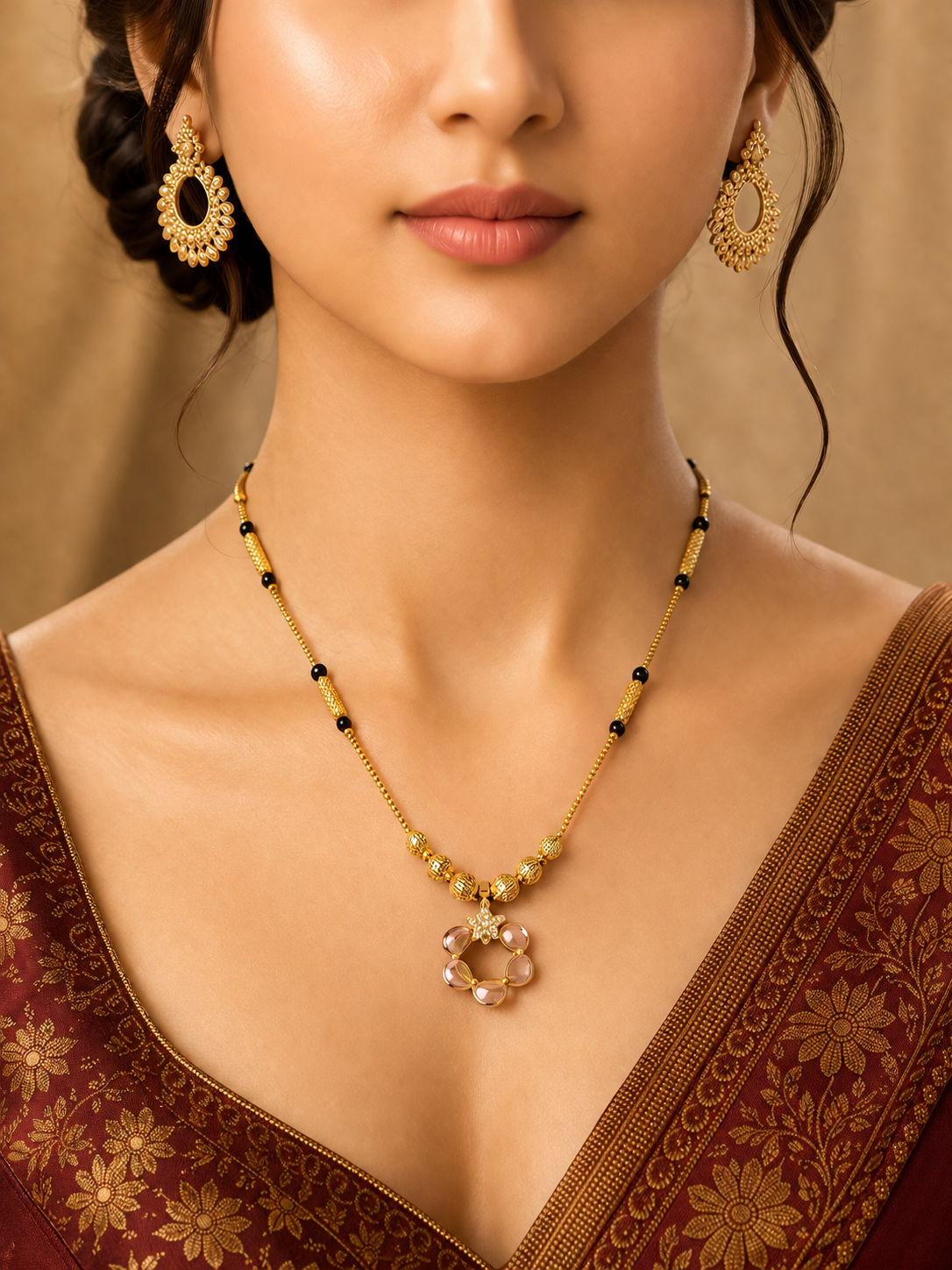 Damnstyle Gold Plated Floral Pendant Mangalsutra Necklace for Women
