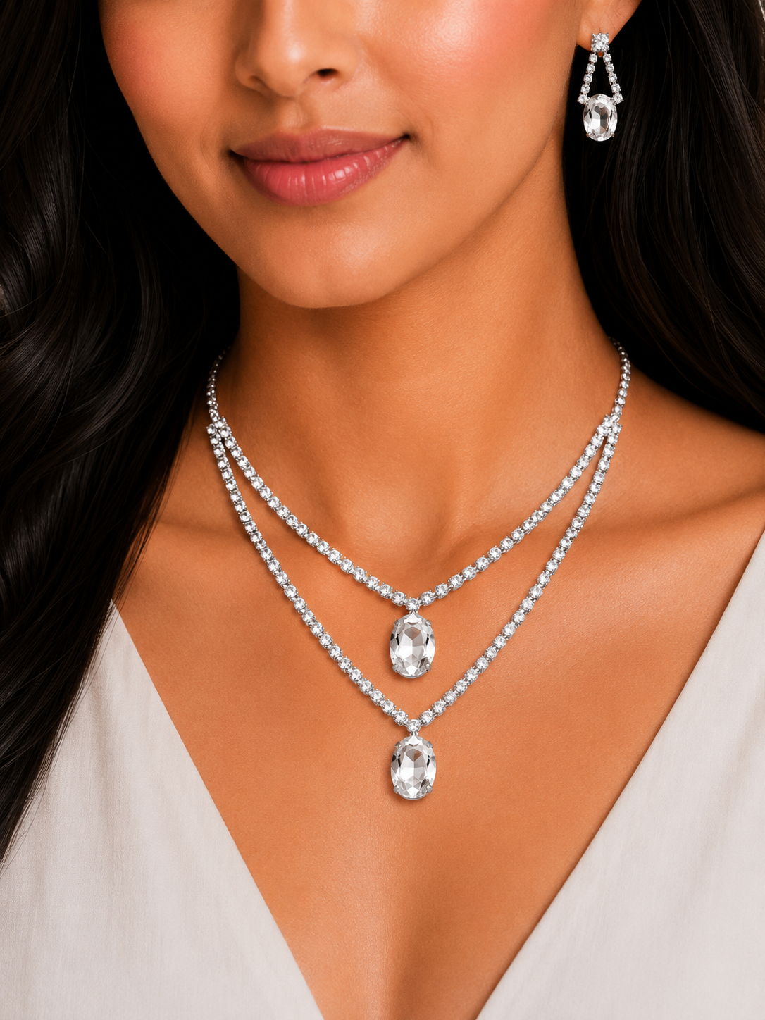Damnstyle Anti-Tarnish Double Layer Crystal Jewellery Set With Earrings