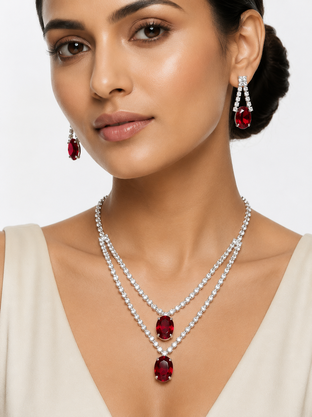 Damnstyle Anti-Tarnish Double Layer Crystal Jewellery Set With Earrings