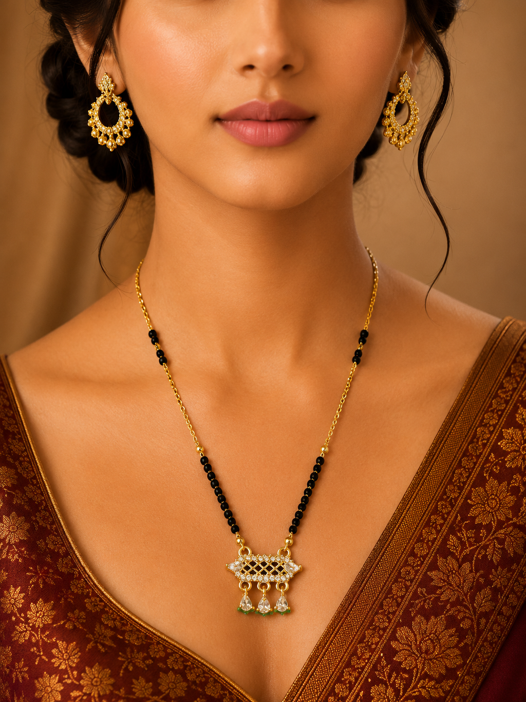 Damnstyle Women's Maroon Silk Saree with Golden Border Traditional Look Mangalsutra