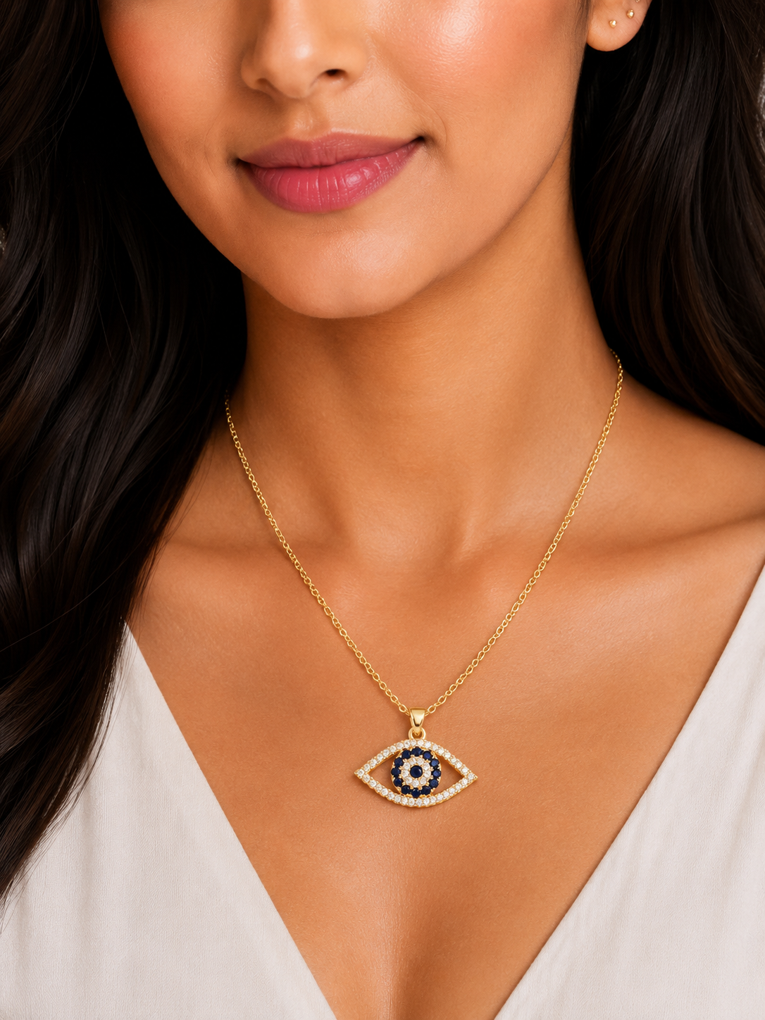 Damnstyle Gold-Plated Stainless Steel American Diamond Studded Evil Eye Pendant