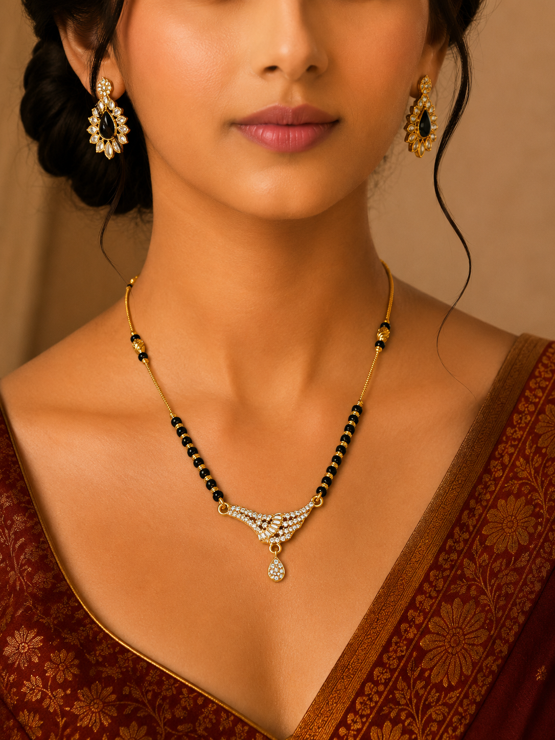 Damnstyle Gold Plated CZ Black Bead Mangalsutra Necklace for Women
