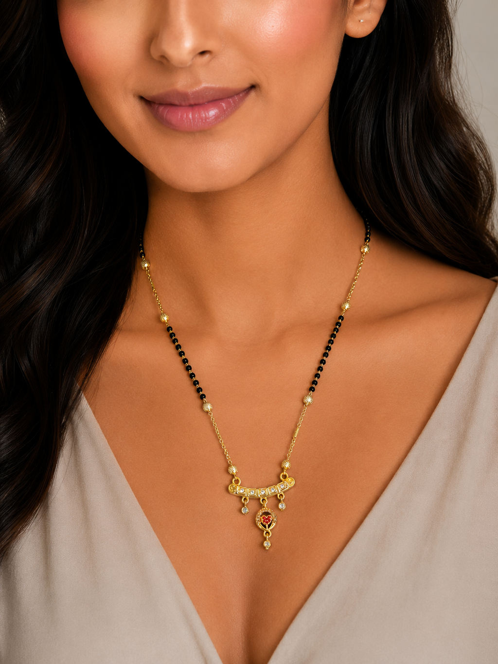 Damnstyle Gold Plated Black Bead Heart Charm Mangalsutra for Women