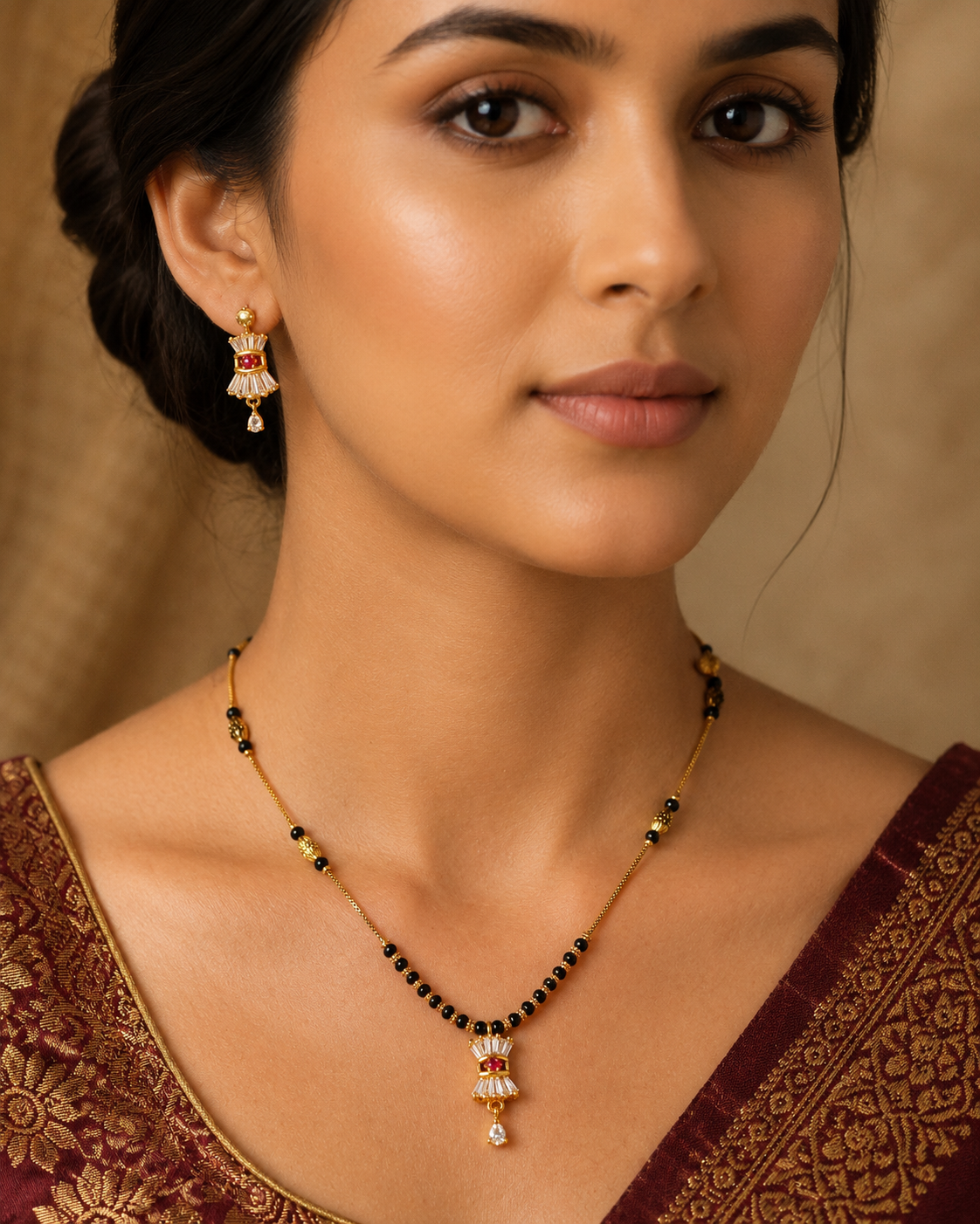 Damnstyle Gold Plated Black Bead CZ Studded Mangalsutra for Women