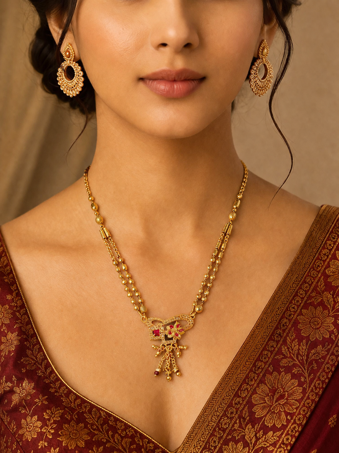 Damnstyle Gold Plated Ruby Floral Mangalsutra for Women & Girls