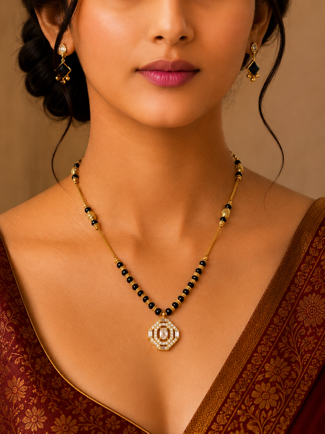 Damnstyle Daily Wear Gold Plated Black Bead AD Mangalsutra
