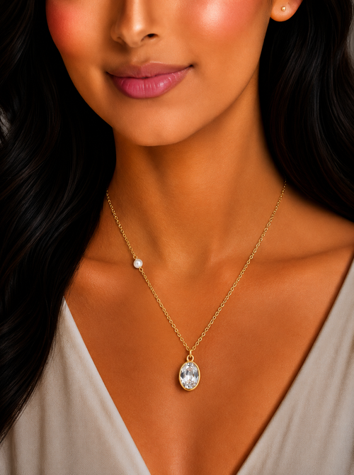 Damnstyle Anti-Tarnish Oval Crystal Pendant With Faux Pearl Accent