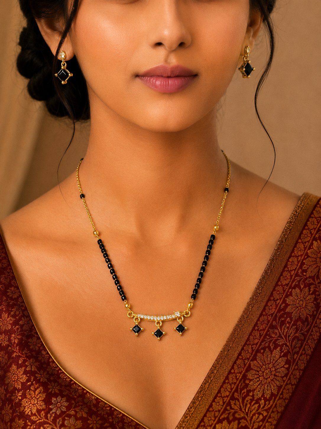 Damnstyle Gold Plated Black Bead CZ Drop Mangalsutra for Women & Girls