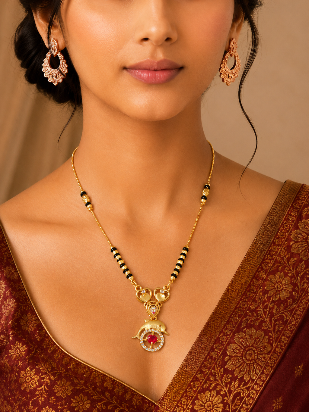 Damnstyle Gold Plated Heart Ruby Black Bead Mangalsutra for Women