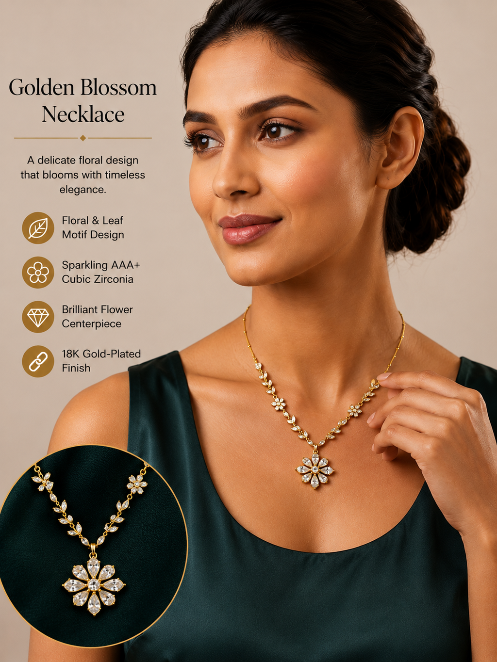 Gold Plated Floral Crystal Pendant Necklace for Women & Girls