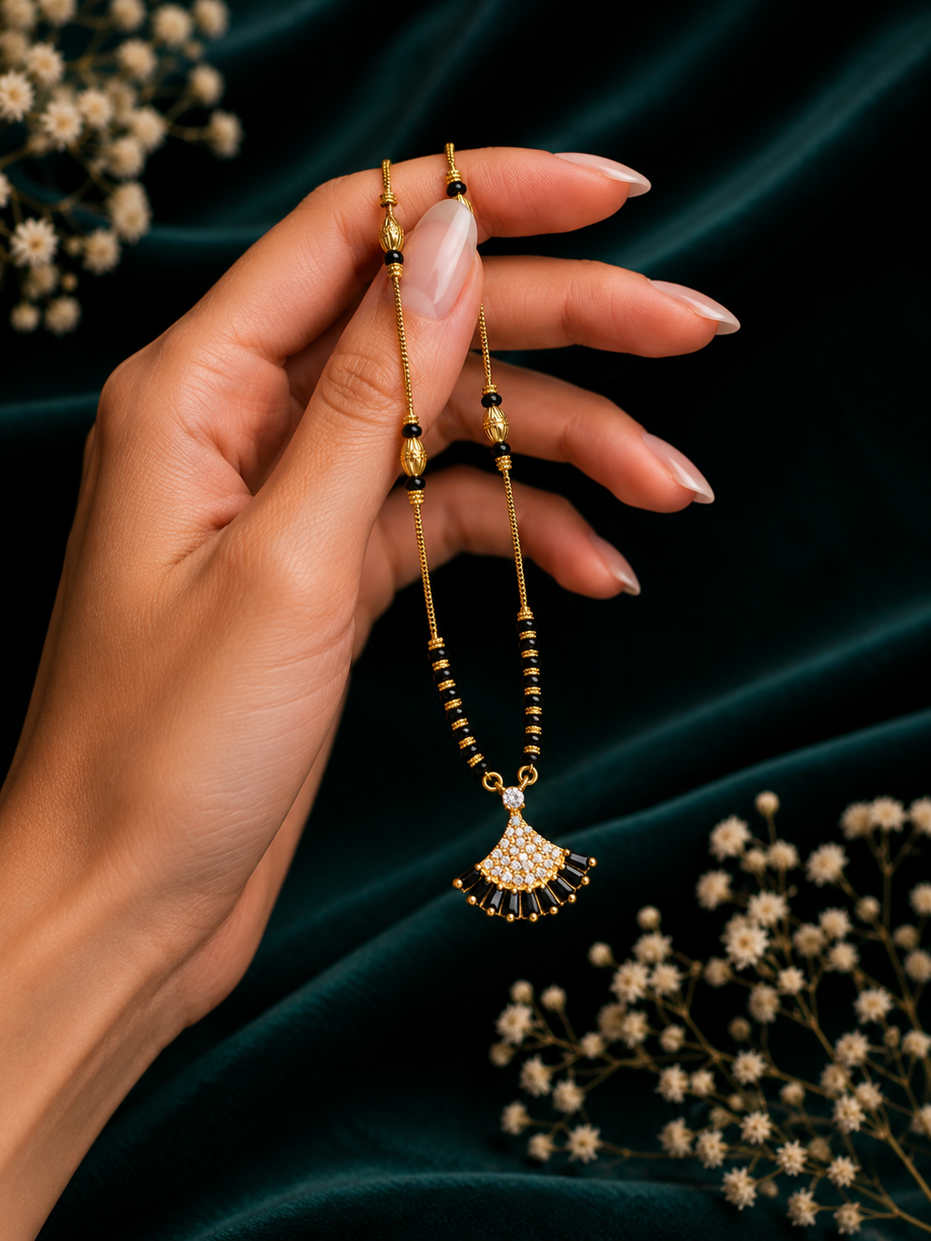Damnstyle Gold Plated Black Bead CZ Fan Mangalsutra for Women