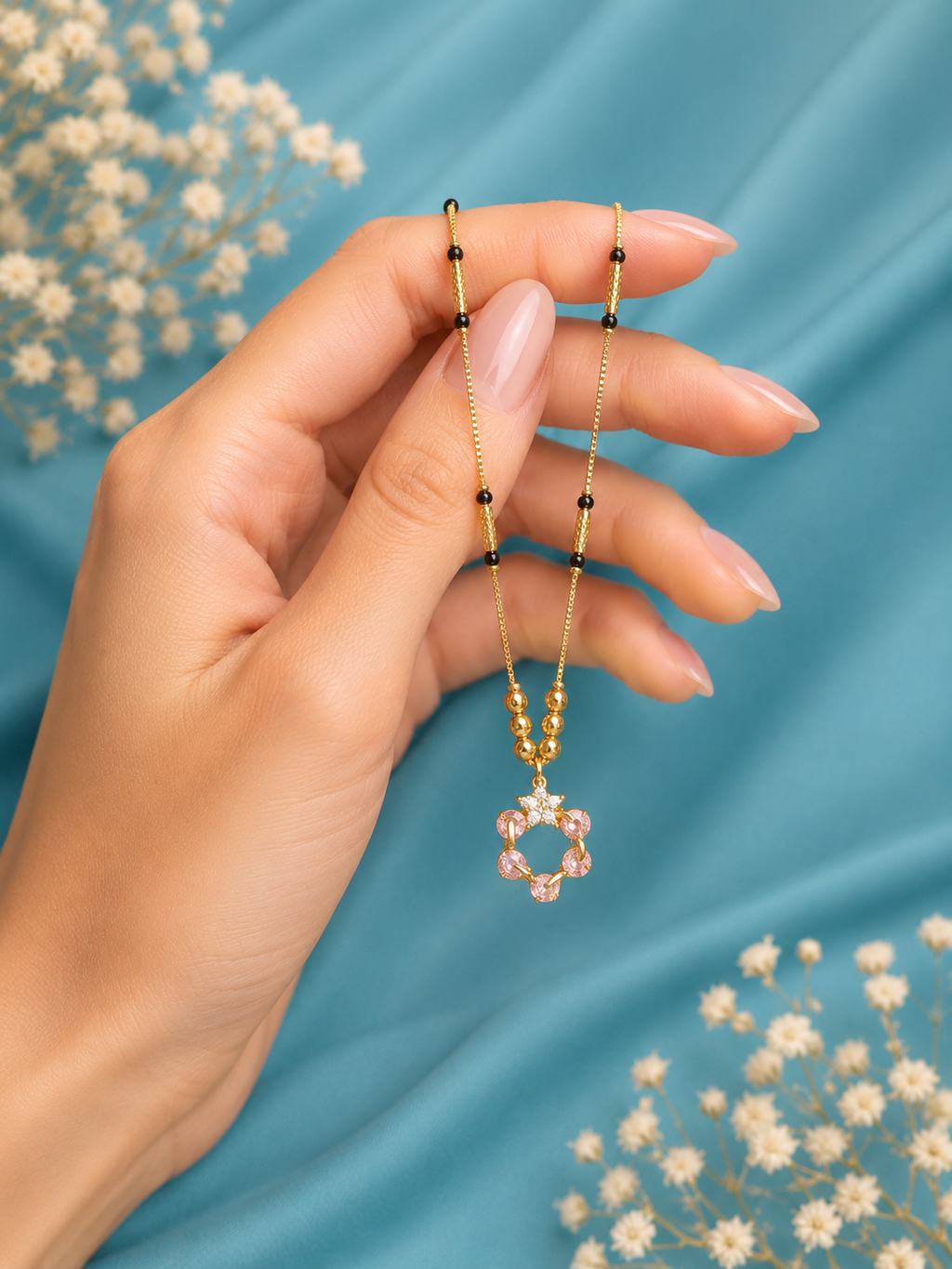 Damnstyle Gold Plated Floral Pendant Mangalsutra Necklace for Women