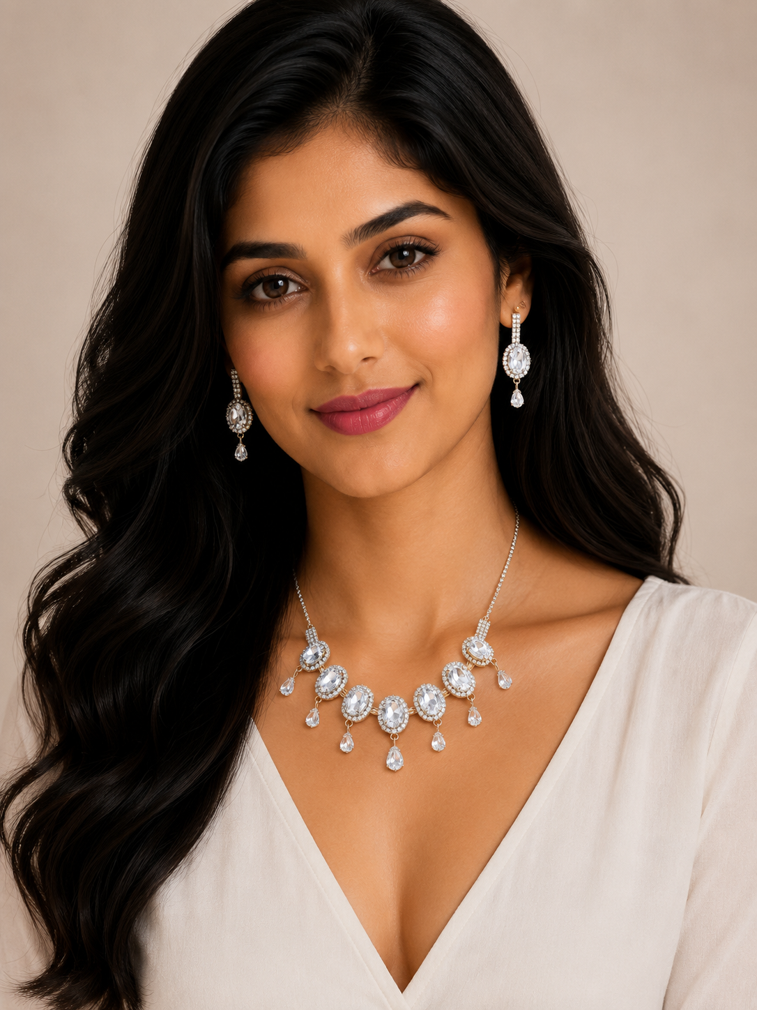 Damnstyle Anti-Tarnish White Crystal Gemstone Set With Earrings