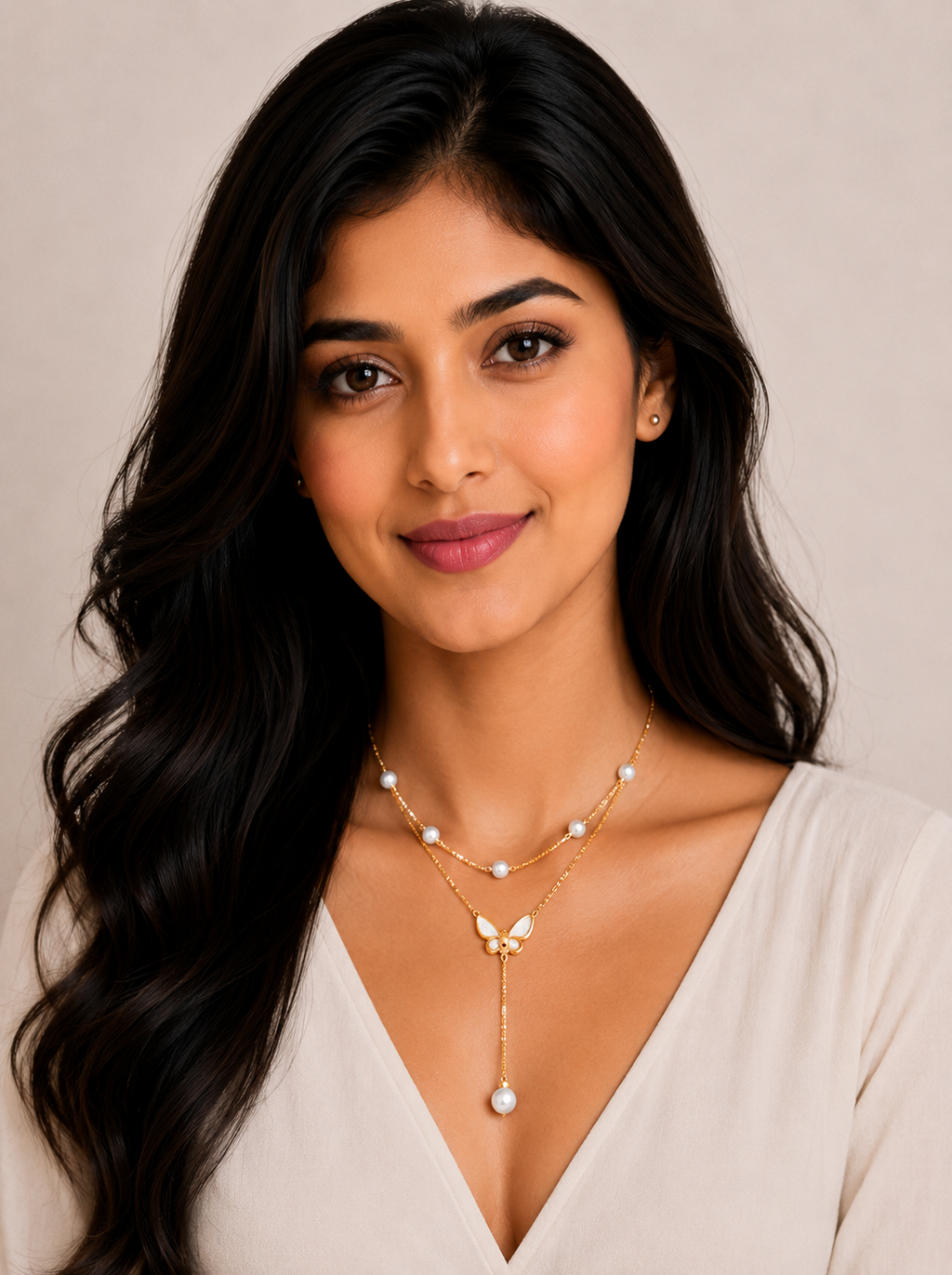 Damnstyle Gold-Plated Stainless Steel Pearl Studded Butterfly Pendant
