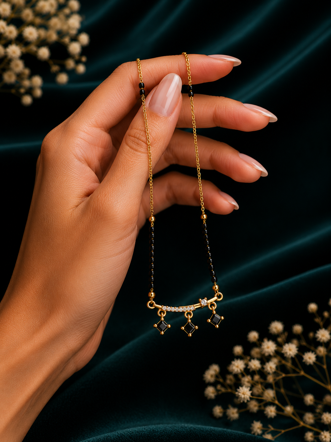 Damnstyle Gold Plated Black Bead CZ Drop Mangalsutra for Women & Girls