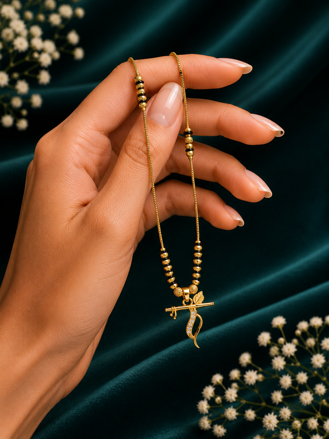 Damnstyle Women's Gold Plated Black Bead Mangalsutra with Flute