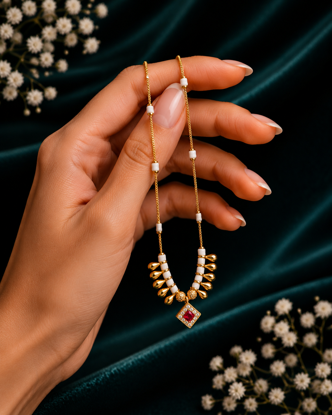 Damnstyle Gold Plated White Bead Ruby Mangalsutra  for Women & Girls