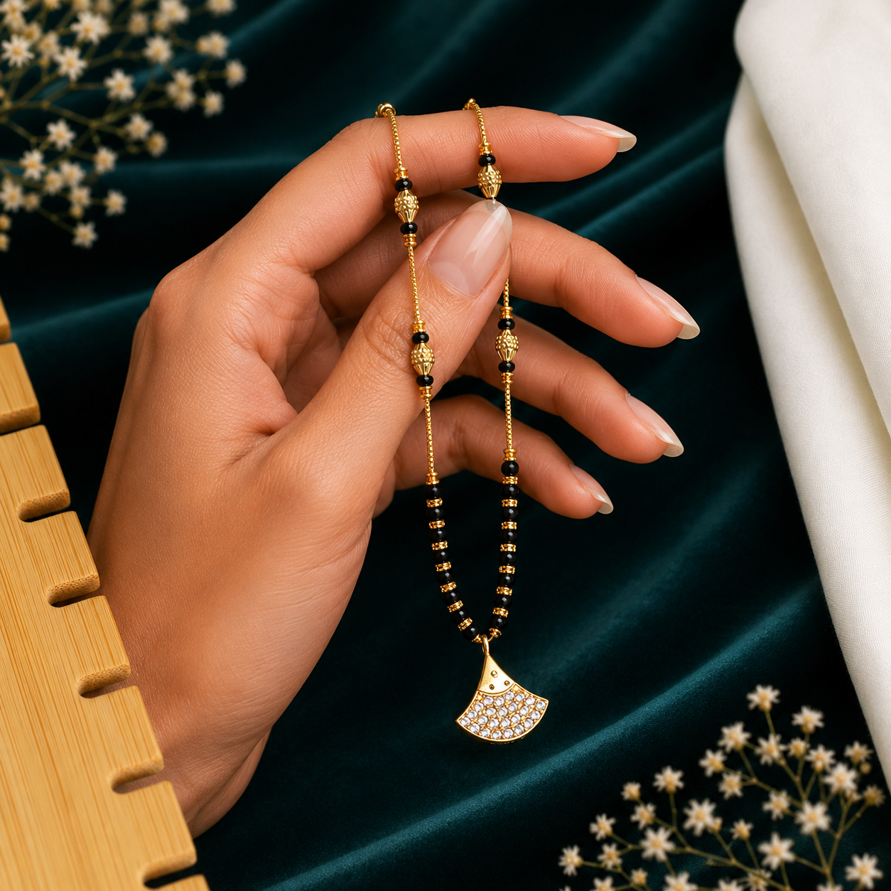 Damnstyle Gold Plated Black Bead Mangalsutra Necklace for Women & Girls
