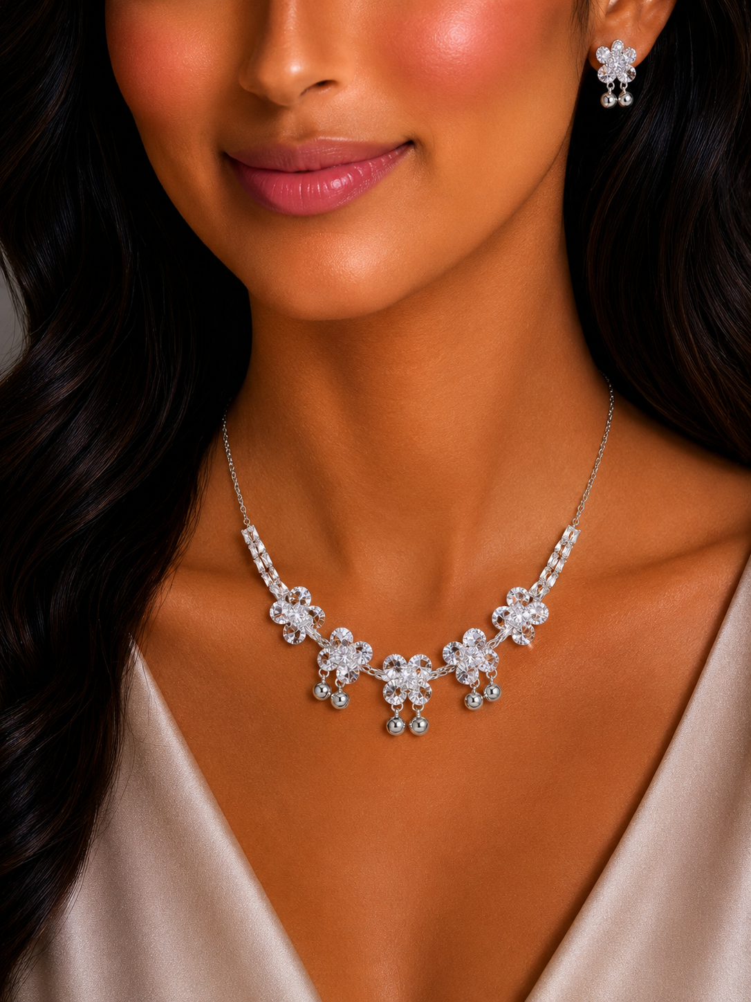 Damnstyle Anti-Tarnish Floral Cluster Jewellery Set With Earrings