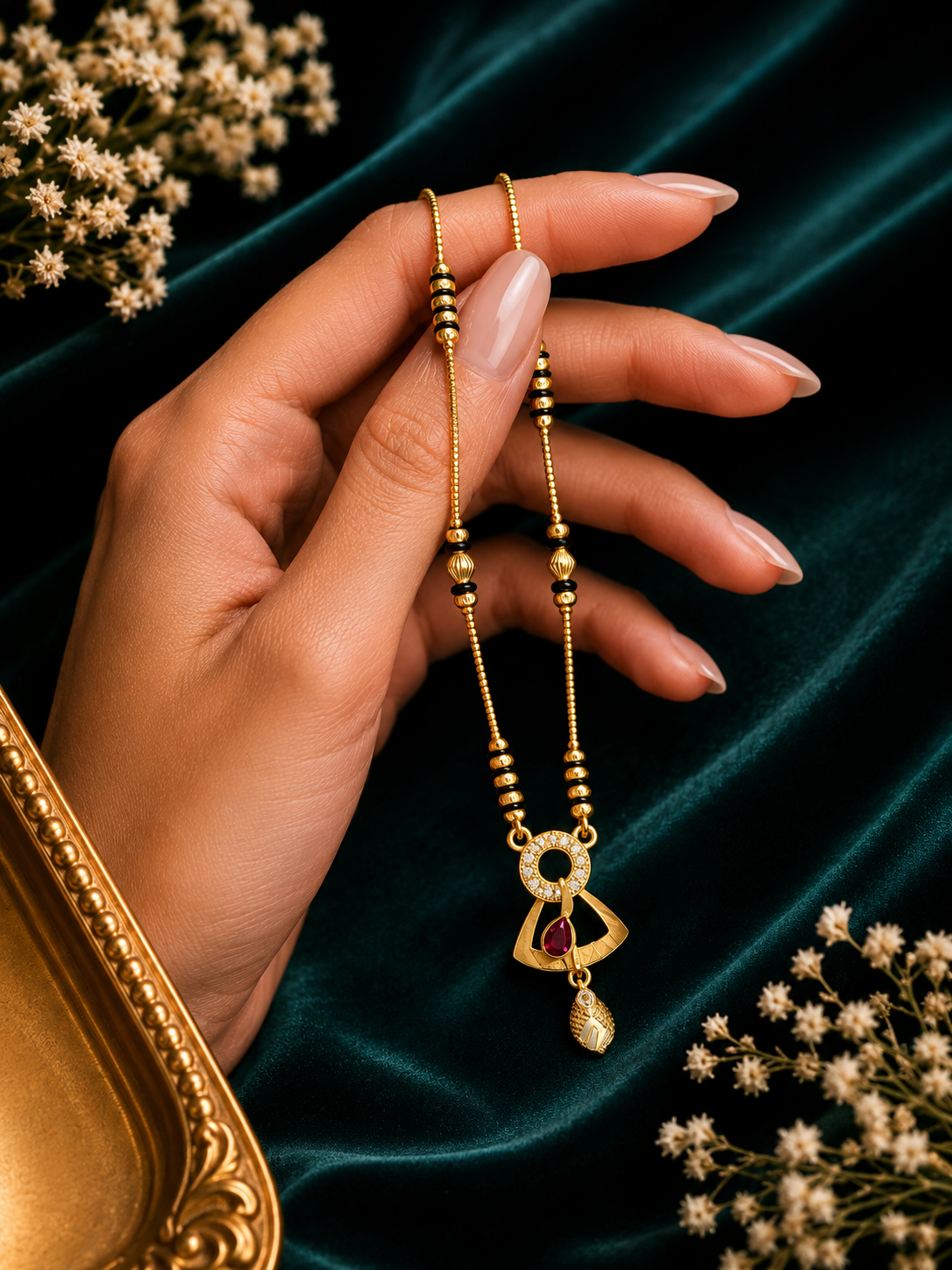 Damnstyle Women's Gold Plated Black Bead Mangalsutra with Designer Pendant