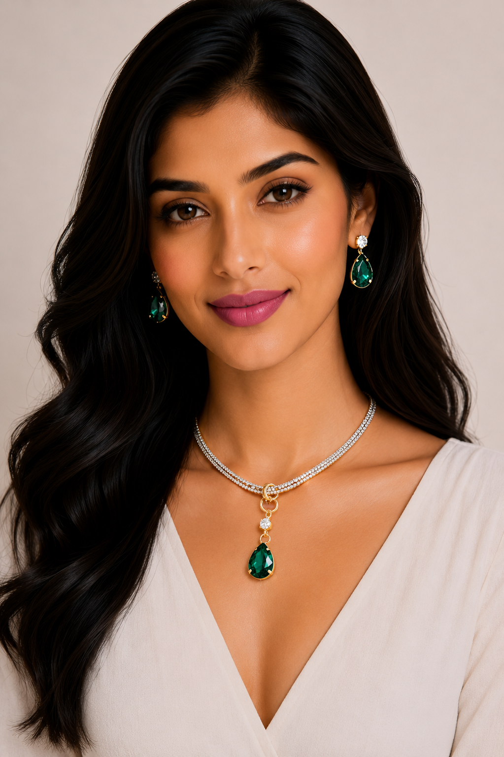 Damnstyle Necklace Anti-Tarnish Drop-Shaped Crystal Pendant Set With Earrings