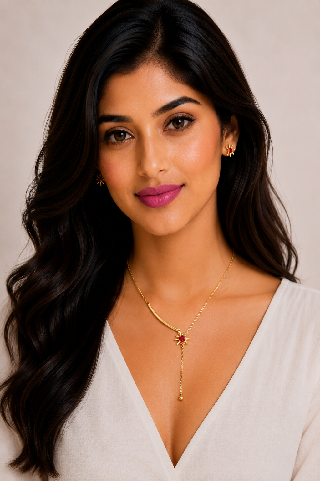 Damnstyle Necklace Anti-Tarnish Miniature Crystal Studded Sun Pendant Set With Earrings