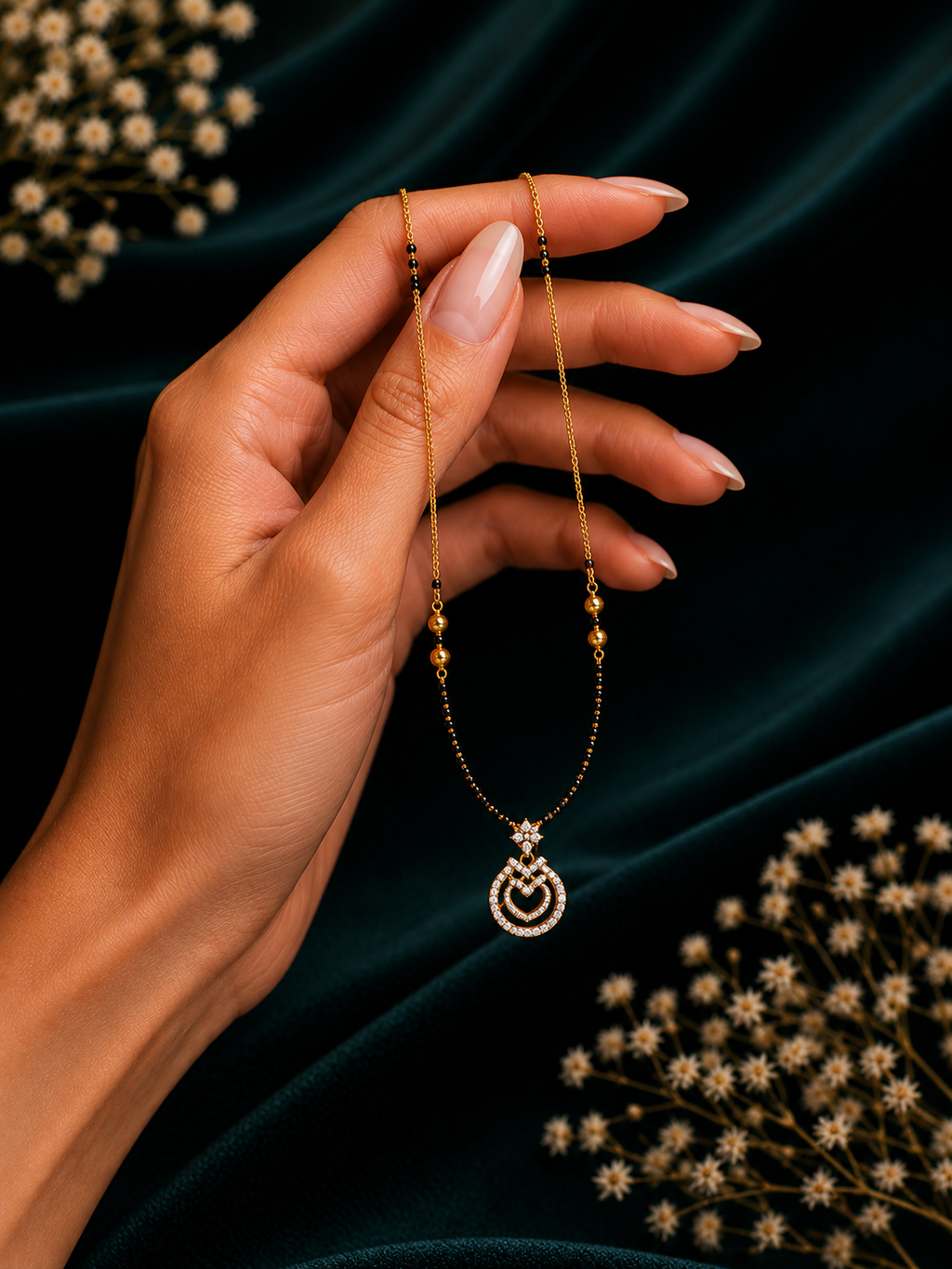 Damnstyle Gold Plated Black Bead AD Mangalsutra for Women