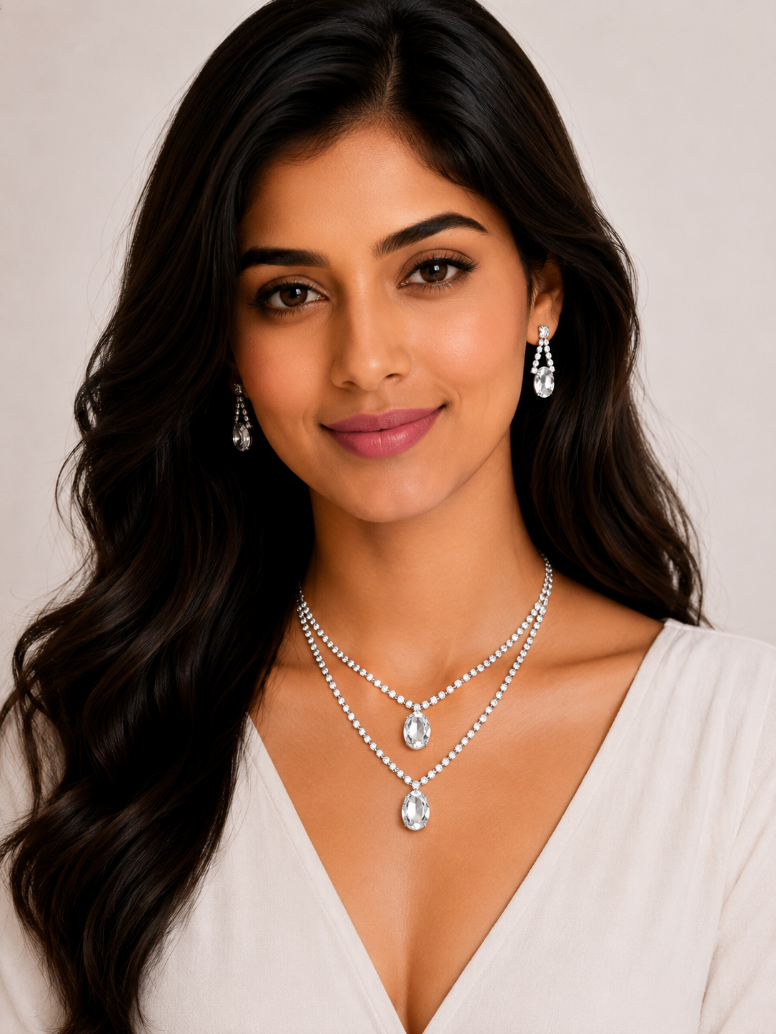 Damnstyle Anti-Tarnish Double Layer Crystal Jewellery Set With Earrings