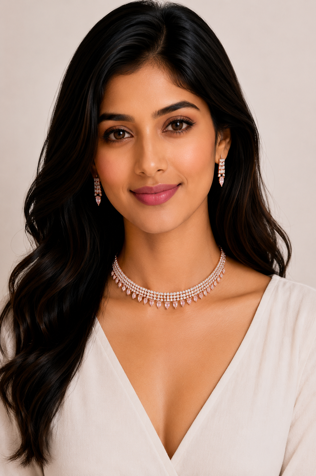 Damnstyle Necklace Anti-Tarnish Rhinestone & Baguette Choker Set With Earrings