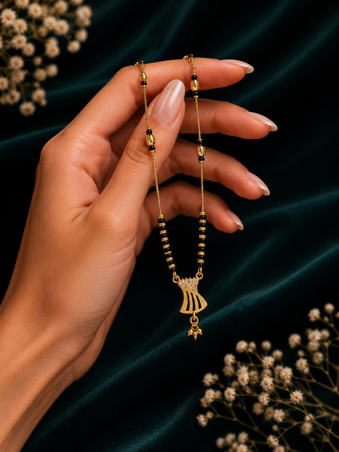 Damnstyle Women's Gold Plated Black Bead Mangalsutra with Pendant