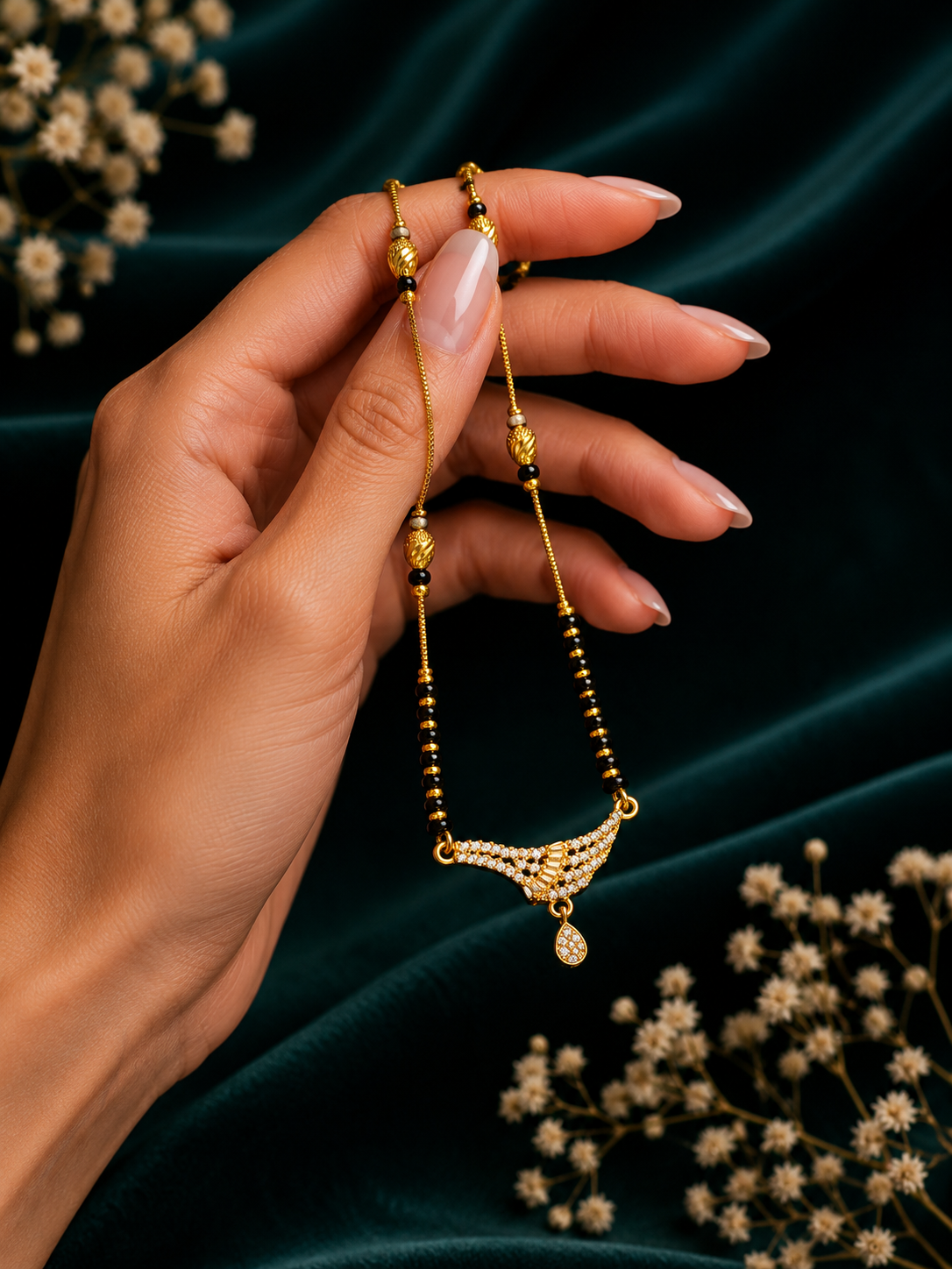 Damnstyle Gold Plated CZ Black Bead Mangalsutra Necklace for Women