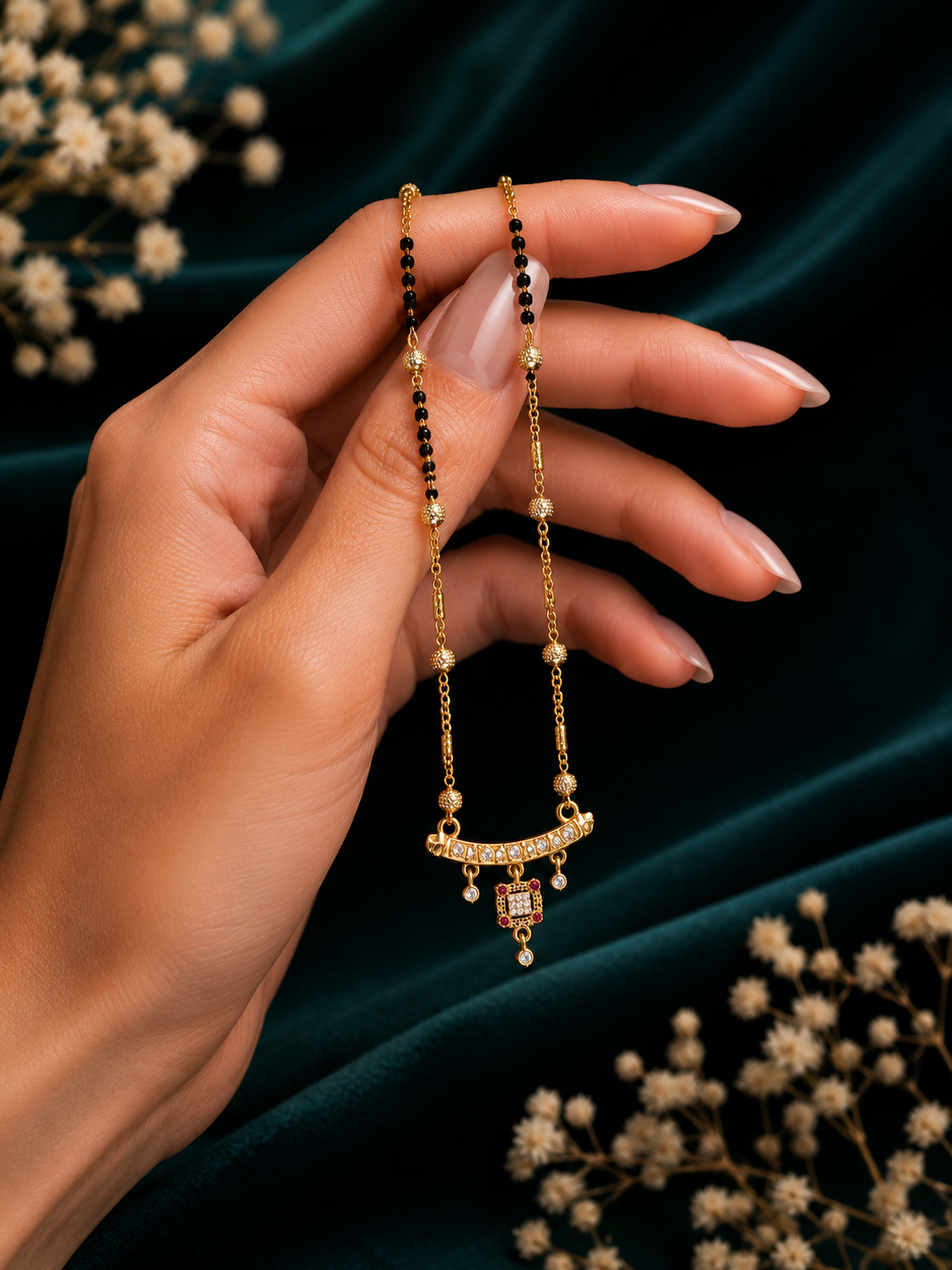 Damnstyle Gold Plated Black Bead Ruby CZ Mangalsutra for Women