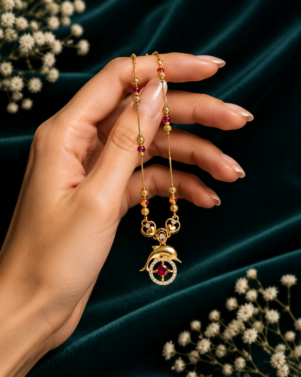Damnstyle Gold Plated Ruby Heart Mangalsutra Necklace for Women
