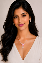 Damnstyle Necklace Anti-Tarnish Pink Butterfly Rhinestone Set With Earrings
