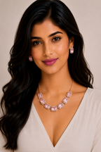 Damnstyle Necklace Anti-Tarnish Soft Pink Rectangle Crystal Set With Earrings