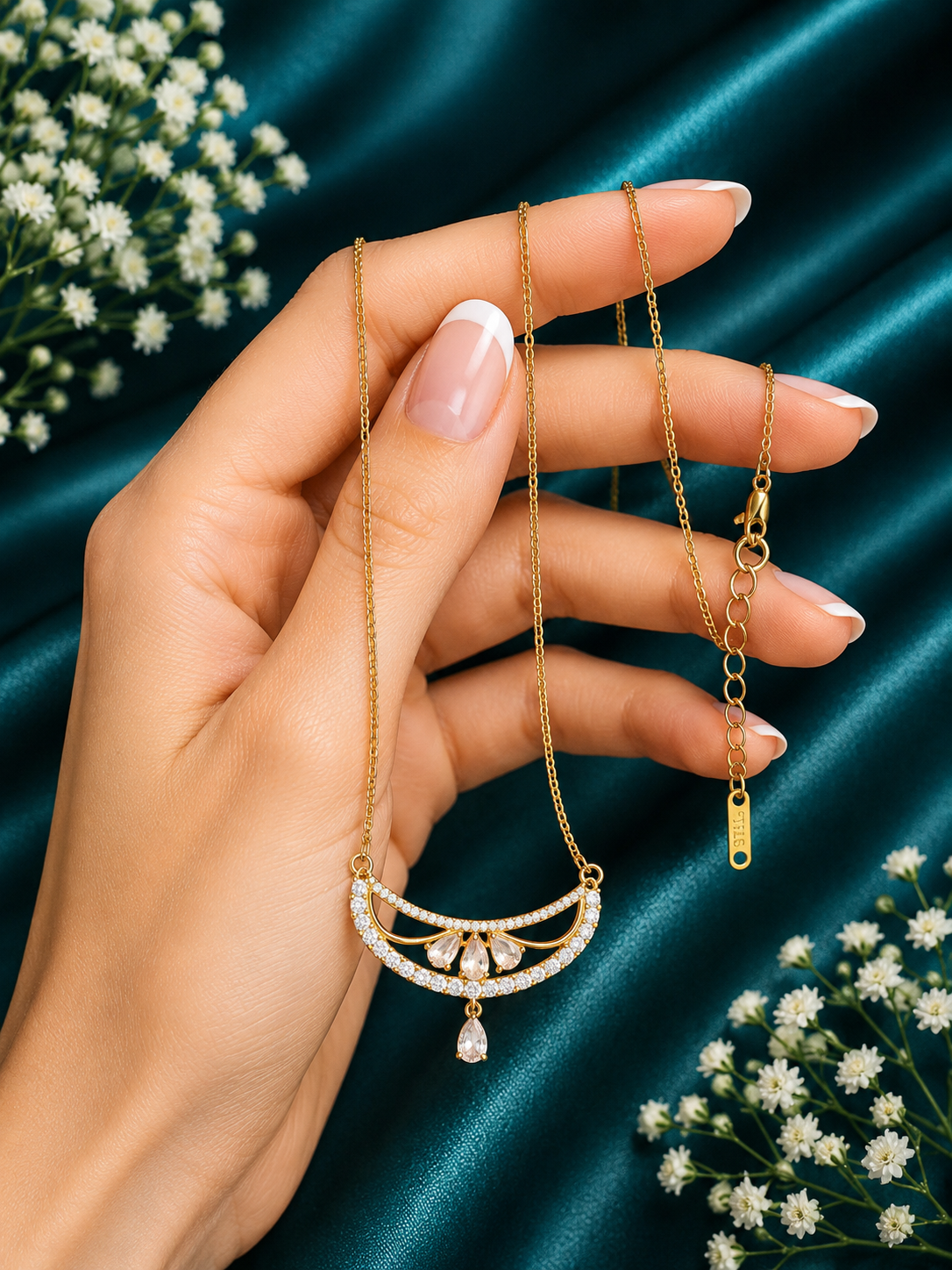 Luxury Gold Tone CZ Crescent Pendant Necklace for Women & Girls