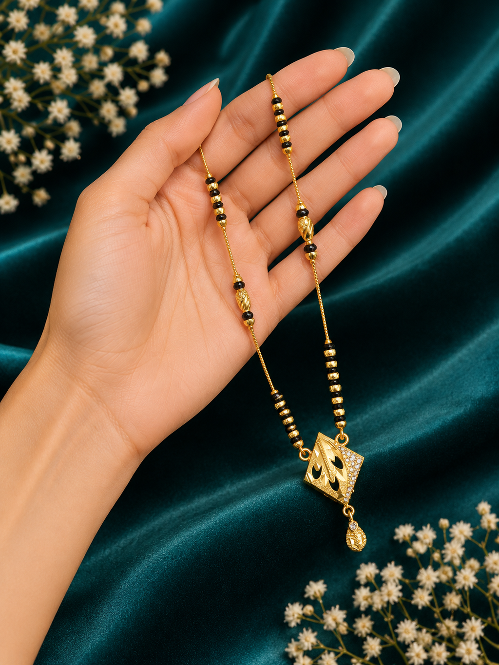 Damnstyle Gold Plated Black Bead Mangalsutra Pendant Necklace for Women