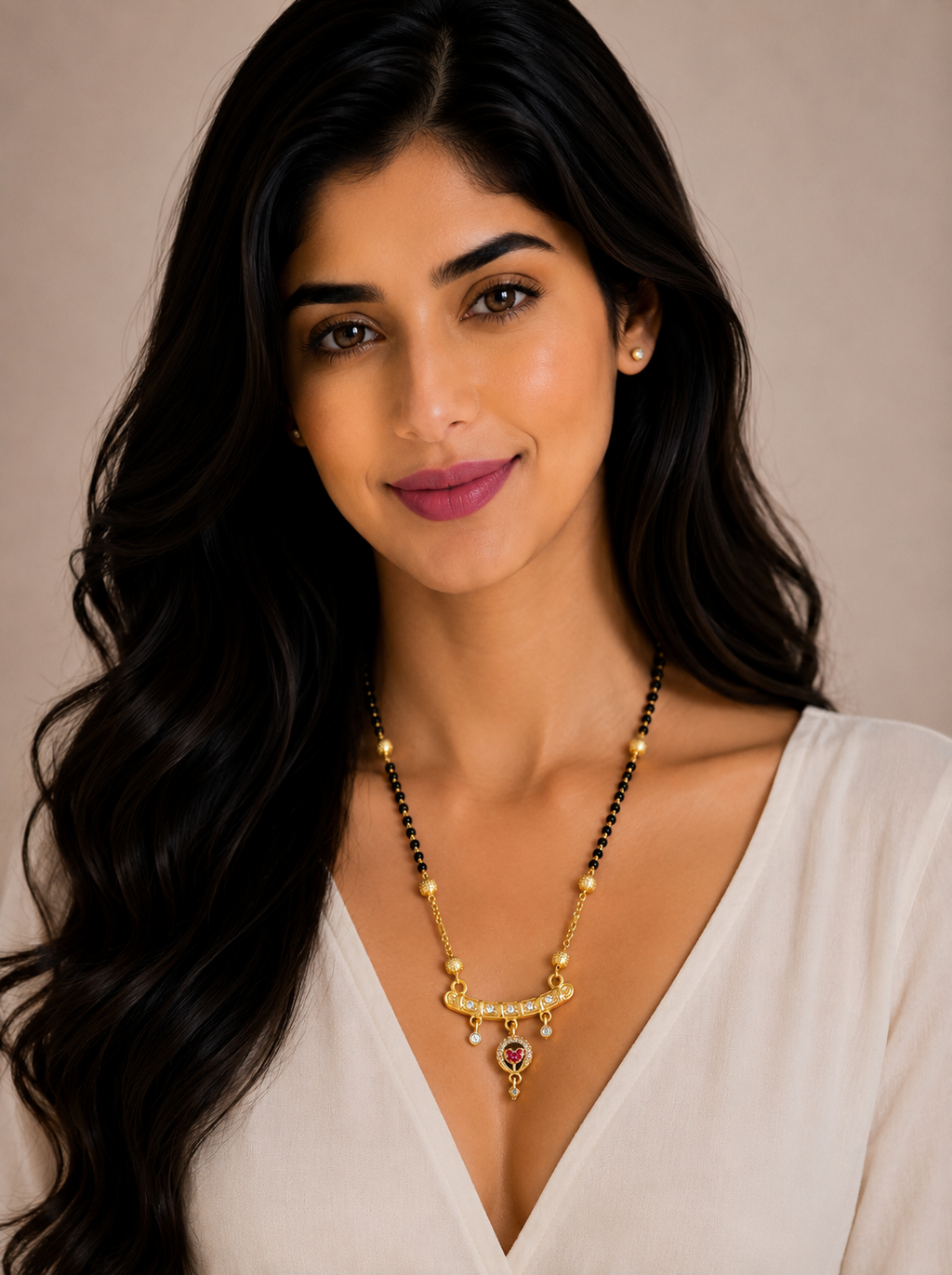 Damnstyle Gold Plated Black Bead Heart Charm Mangalsutra for Women
