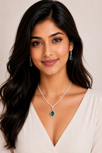 Damnstyle Necklace Anti-Tarnish Emerald Teardrop Crystal Set With Earrings