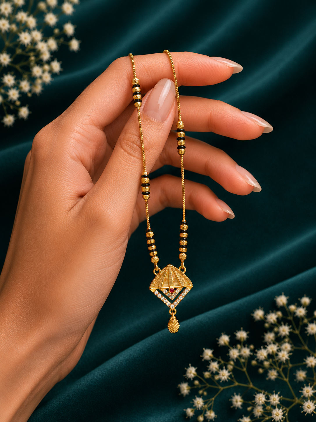 Damnstyle Women's Gold Plated Black Bead Mangalsutra with Diamond Pendant