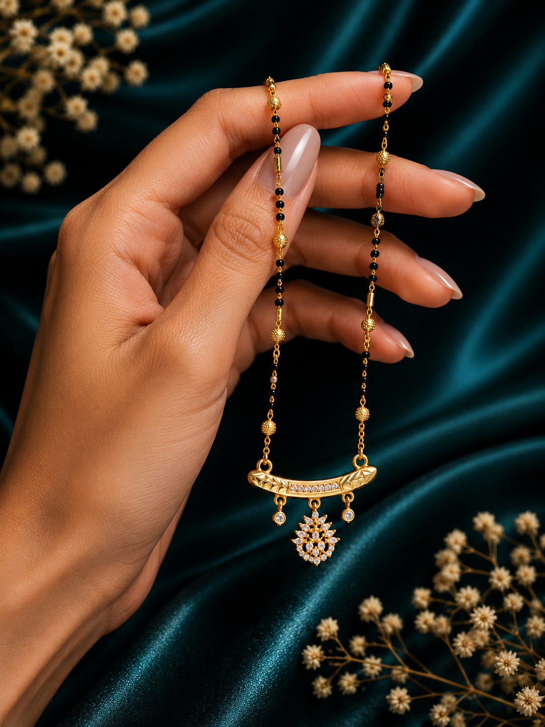 Damnstyle Gold Plated Black Bead Floral Mangalsutra for Women