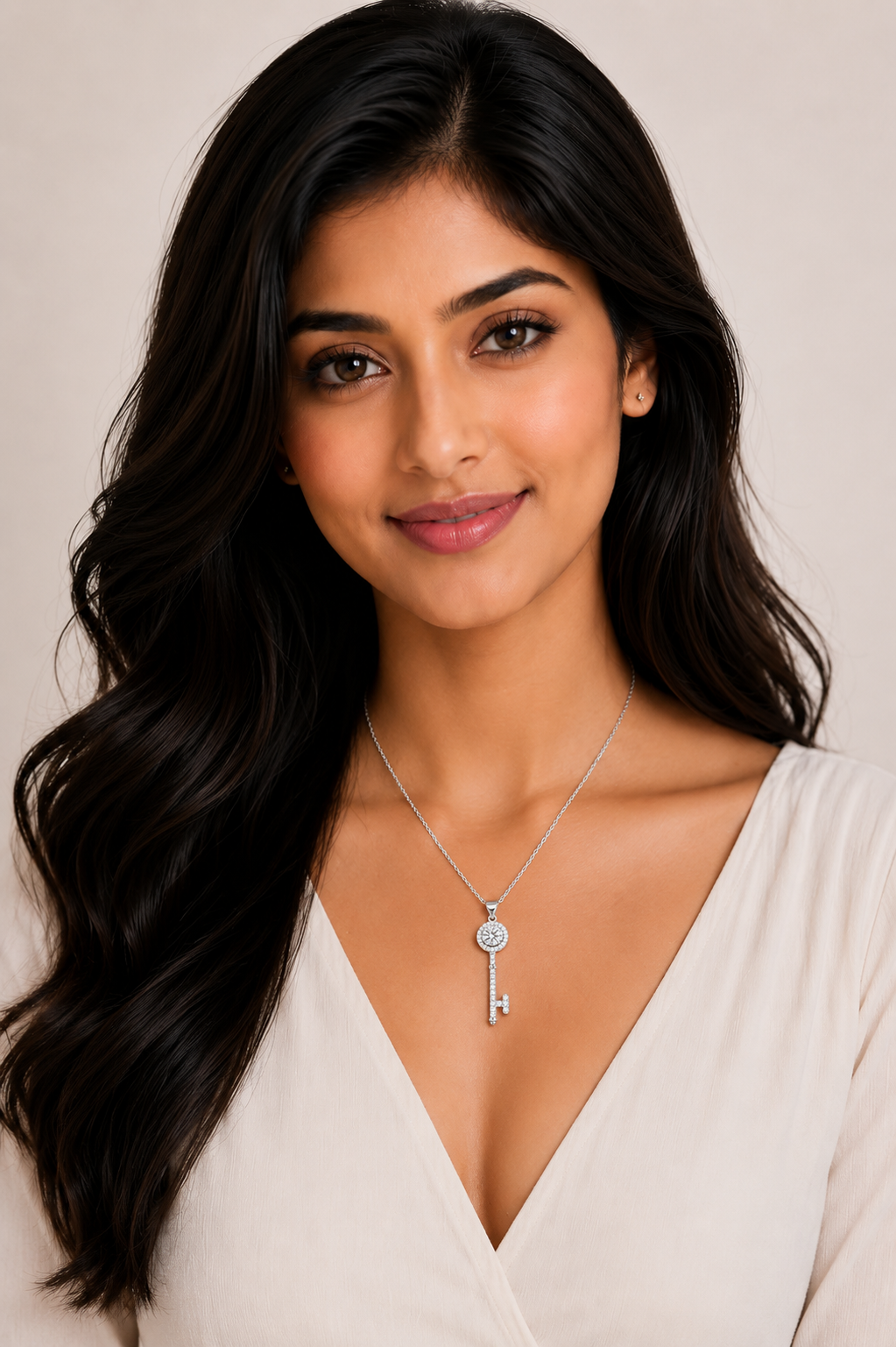 Damnstyle Silver-Plated Anti-Tarnish Crystal Studded Key Pendant